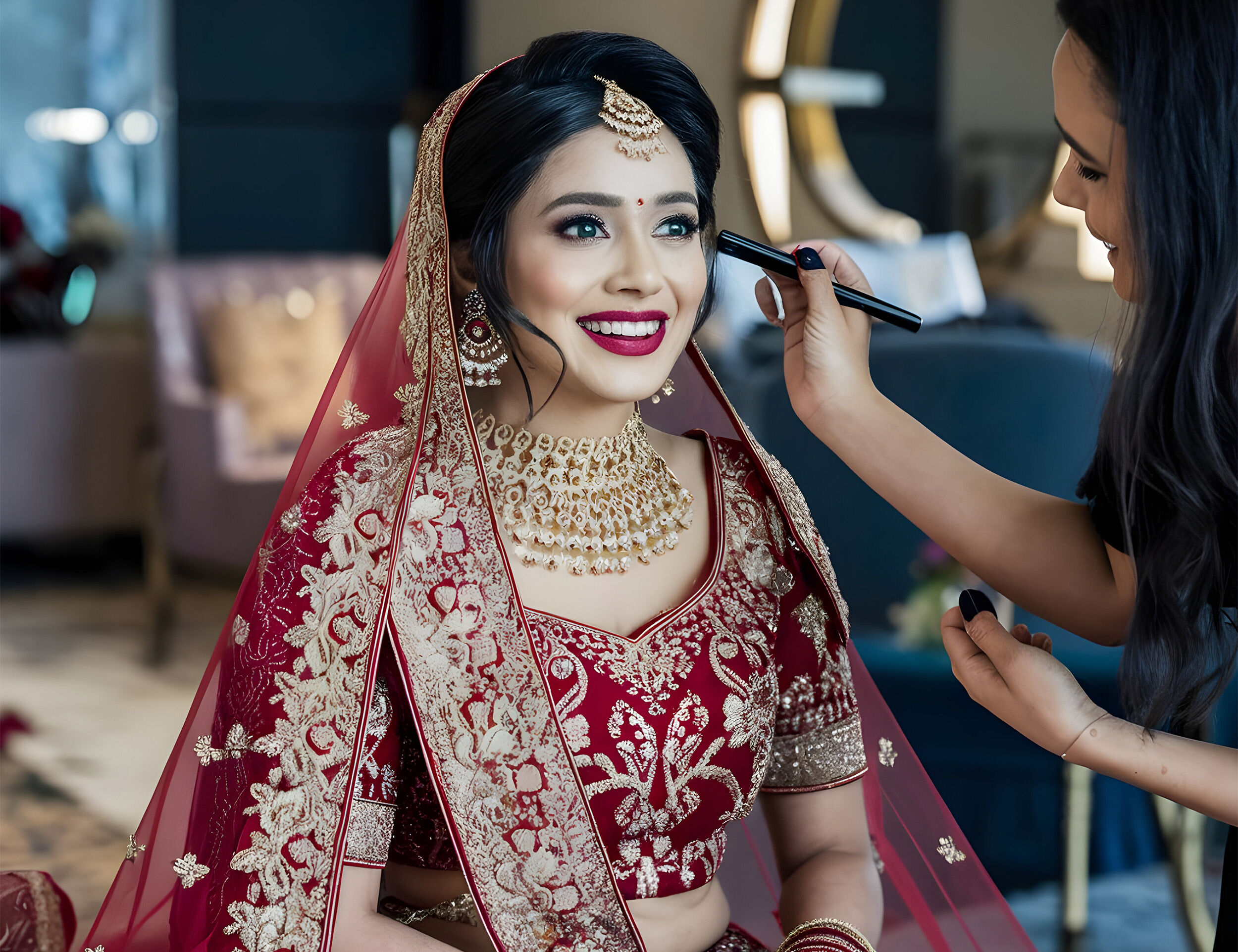 A bride getting skin makeup done by makeup artist